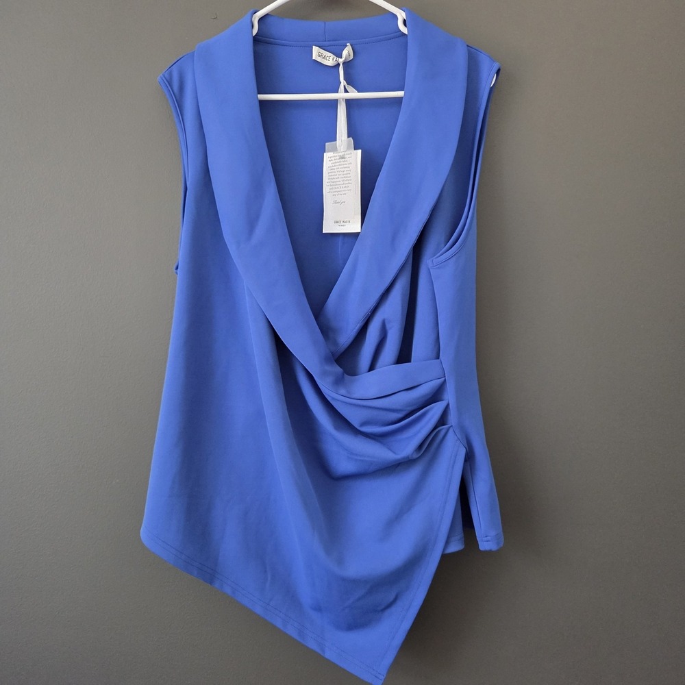 NWT‎ Grace Karin Women's Size 2XL Blue Sleeveless Asymmetrical Wrap Style Blouse